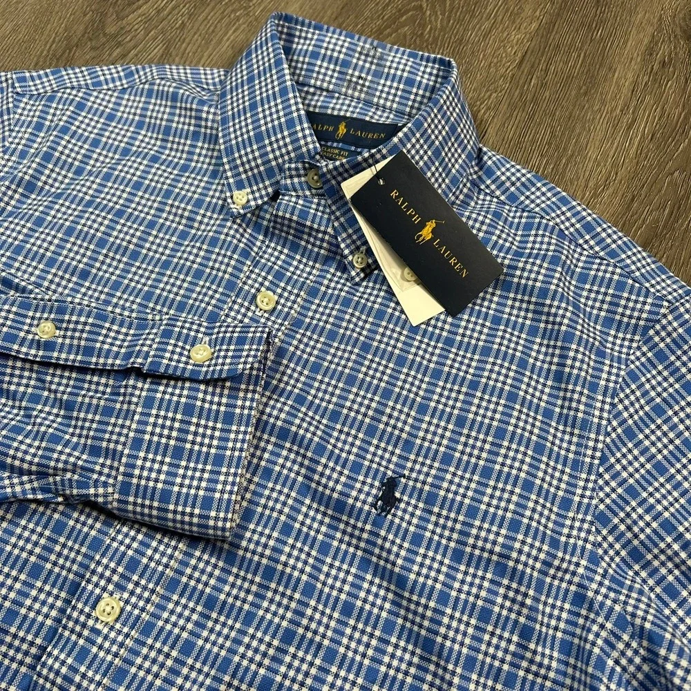 Ralph Lauren Button Down Shirt Medium Blue White Plaid Classic Fit Easy Care New